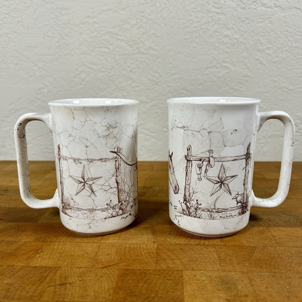 VTG Polly's Paint Box Texas Longhorn & Horse Ceramic Coffee Mug Set Of 2 Western